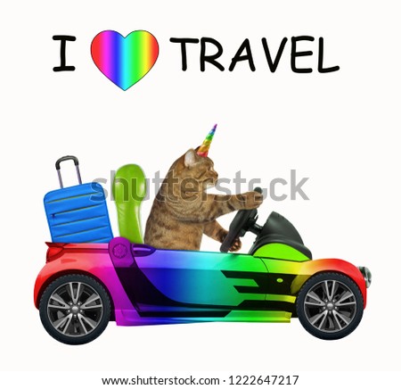 The cat unicorn in the rainbow car loves to travel. White background.