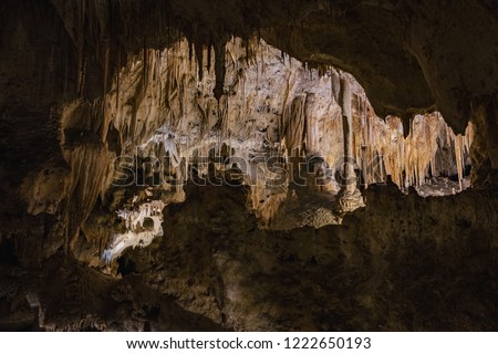 Stalactites and Stalagmites in a cave known as Carlsbad Caverns in Southern New Mexico, USA  Royalty-Free Stock Photo #1222650193