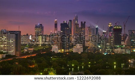 scenic of twilight sunset skyline with cityscape in metropolis buildings