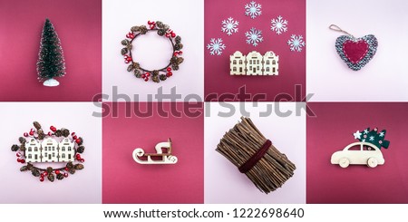 large set of objects of the new year and Christmas. Concept winter in the city. The houses of the city in a Christmas wreath, the machine carries a Christmas tree, a scarf, snowflakes, a woolen heart 