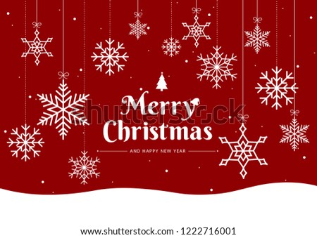 Snowflake on red background for Merry Christmas and Happy New Year. Welcome winter  with falling snow. Vector illustration 