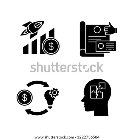 Startup glyph icons set. Business growth, branding, crowdfunding, solution. Silhouette symbols. Vector isolated illustration