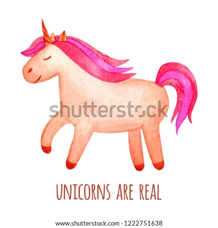 Cute watercolor unicorn clipart isolated on white background. Beautiful watercolor unicorn illustration. Magic trendy pink cartoon horse perfect for nursery print and poster design. Princess unicorns.