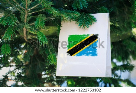 Tanzania flag printed on a Christmas shopping bag. Close up of a shopping bag as a decoration on a Xmas tree on a street. New Year or Christmas shopping, local market sale and deals concept. 