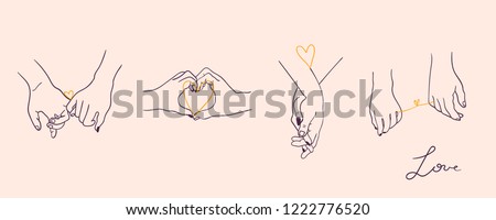 One line drawn holding hands. Saint Valentine's day vector set. Pink background. All elements are isolated