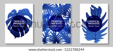 Tropical paradise leaves vector covers set. Cool floral A4 page design. Exotic tropic plant leaf vector. Summer card template. Tropical forest plant foliage, circle frame, title place.