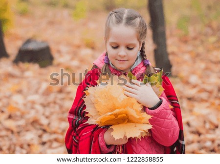 Litltle girl with woolen blanket on the soulders in the autumn park, hold autumn leaves in the arms