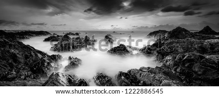 Long exposure seascape in black and white. panoramic photography . Royalty-Free Stock Photo #1222886545
