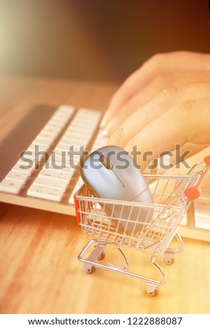 Shopping Cart with computer mouse and laptop on light background