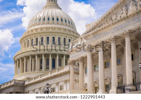 Sunny close-up view of the architectural detail of the neo-classical facade of the US Capitol Building under bright sky in Washington DC, USA Royalty-Free Stock Photo #1222901443