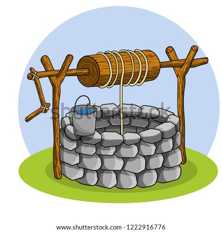 Well water from the stone boulders. Element of the village landscape. Bucket of blue water. Cartoon illustration
