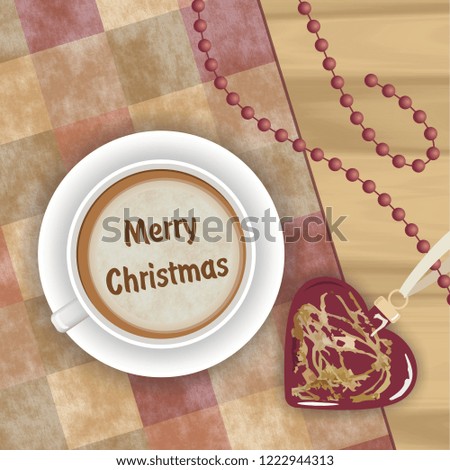 Christmas greeting with cup of cappuccino and heart, abstract illustration