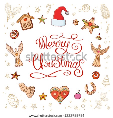 Circle made of christmas decorative elements. Pretty card. Calligraphy phrase Merry Christmas. Traditional festive symbols. Isolated on white background. Vintage style. Vector color illustration.