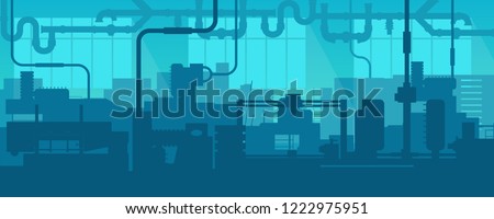 Creative vector illustration of factory line manufacturing industrial plant scen interior background. Art design the silhouette of the industry 4.0 zone template. Abstract concept graphic element Royalty-Free Stock Photo #1222975951
