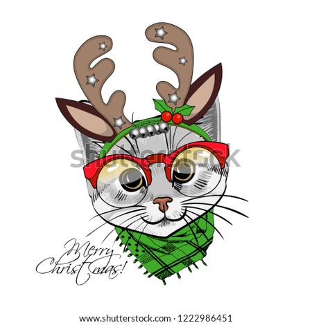 Vector cat with christmas horns of a deer and red scarf. Hand drawn illustration of dressed cat. Merry Christmas 2