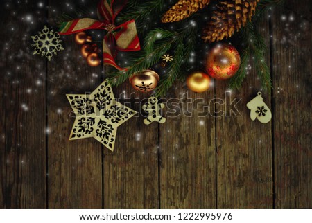 christmas and new year card with tree decorations/wooden figures of houses,snowflakes on the  rustic background
