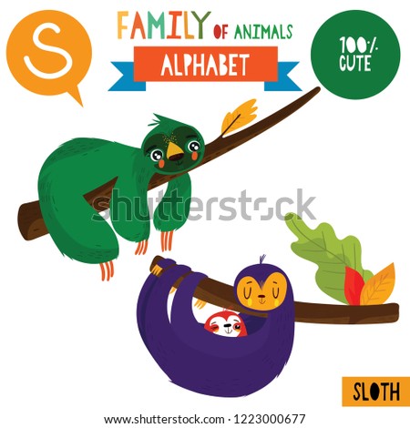 Letter S-Mega big set.Cute vector alphabet with family of animals in cartoon style.