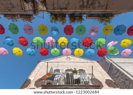 Street, decorated with colorful umbrellas, Jerusalem, Israel