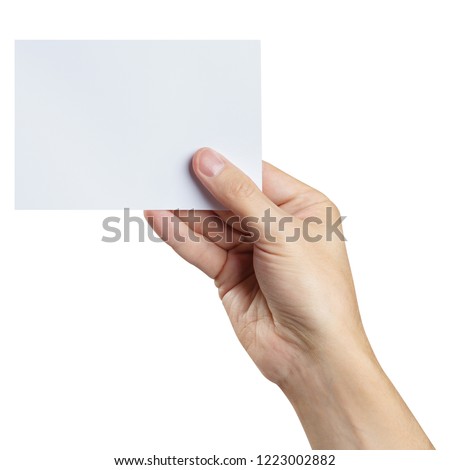 Male hand holding a blank card 10x15cm, isolated on white background