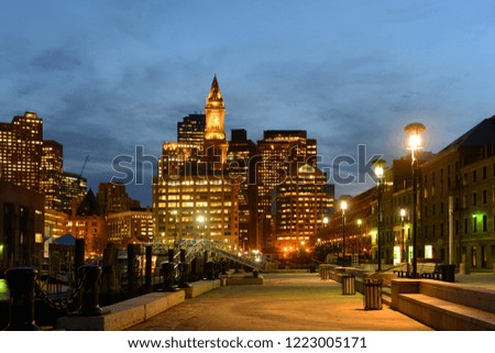 Boston Custom House, Long Wharf and Financial District skyline at night, Boston, Massachusetts, USA.