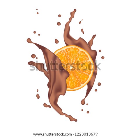 Chocolate splash with orange. Milk chocolate, cacao. 3d realistic orange ripe citrus isolated on white background for packaging or web design. 