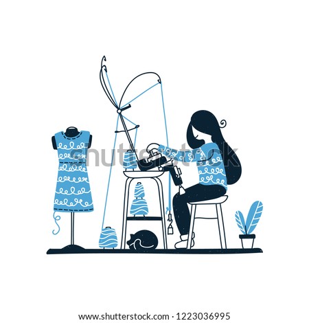 Knitter is using knitting machine. Woman creates knitted fabric at home. Girl performs an order for a knitted dress