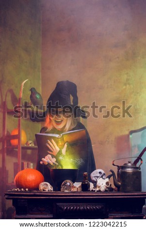 Portrait of witch on cauldron with steam