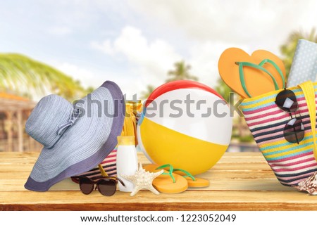 Beach Ball, Suitcase, Towel, Sun Hat, Flip-Flops and Sun Cream