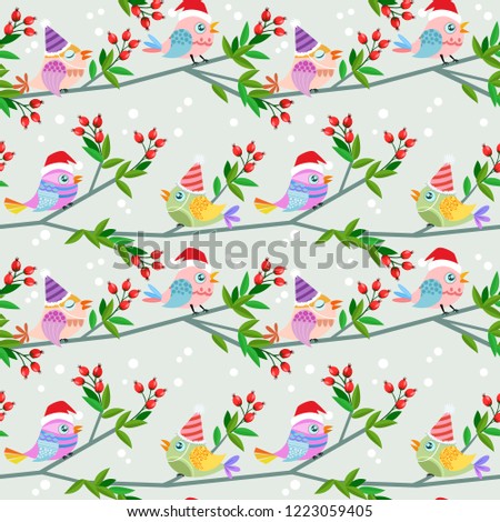 Christmas bird on branch seamless pattern