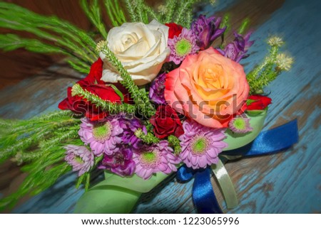 Beautiful Bouquet of Red White Roses and Purple Chrysanthemums
