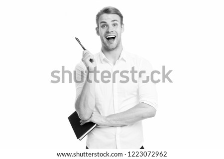 Great idea. Businessman planning notepad. Man unshaven manager businessman excited face. Successful businessman planning business meeting. Young entrepreneur have great idea. Business idea concept.