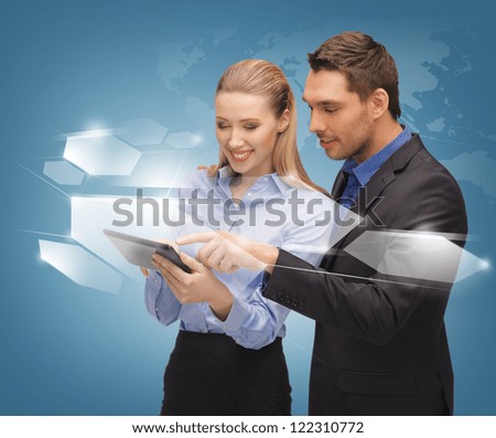bright picture of man and woman with virtual screens