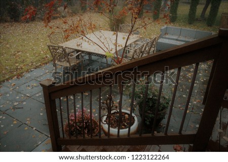patio with outdoor furniture and plants during the raining day in the fall season