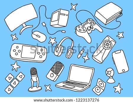 games doodle art with blue background and hand sketch style vector illustration
