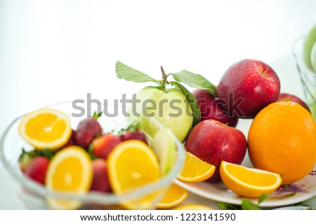 The fruits of health lover Healthy fruit And health care to eat healthy food. To the skin. The fruit is placed in a beautiful table, apple apricot, banana, orange, dragon, placed in the corner 