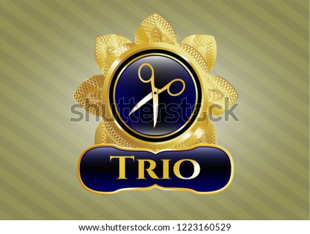  Golden badge with scissors icon and Trio text inside
