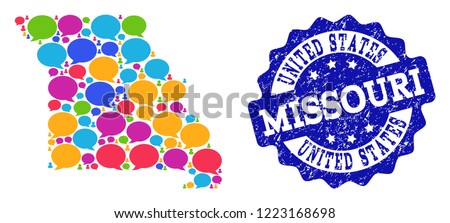 Social network map of Missouri State and blue distress stamp seal. Mosaic map of Missouri State is designed with SMS messages. Flat design elements for social network posters.