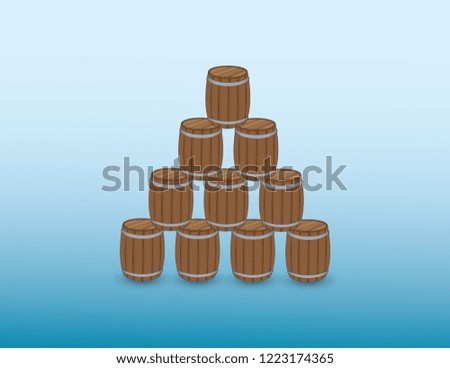 Pile of wooden barrels to store and transport things on blue background vector illustration
