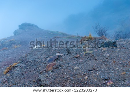 closeup of stones, road in the mountains in thick autumn fog, gloomy landscape