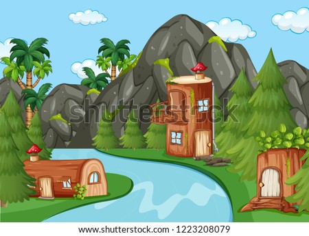 Enchanted wooden house in nature illustration