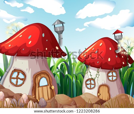 Enchanted mushroom house in nature illustration