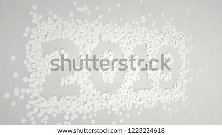 2019 number made from white confetti on white background. 2019 new year sign. 3D rendering illustration