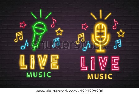 Microphone Live Music Party Icon Neon Light Glowing Vector Illustration with Dark Background