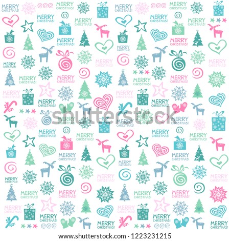 Christmas holiday background. Vintage Merry Christmas And Happy New Year seamless pattern with colorful gift boxes, deer, Christmas ball, Xmas tree, mittens, candy, stars, and snowflakes. Vector