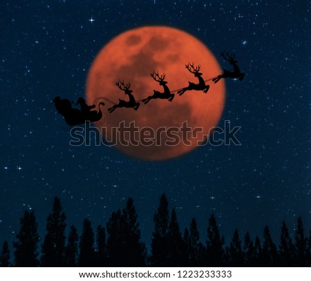 
Santa Claus flying in his sleigh against moon sky / Concept merry christmas and happy new year 2019