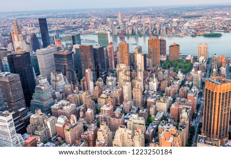 Midtown Manhattan night aerial skyline.