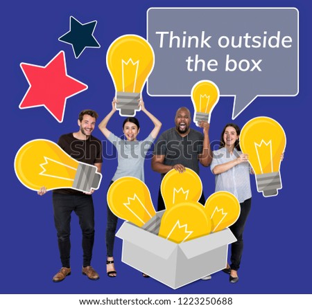 Think outside the box people with light bulb symbols