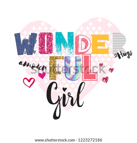 Typography slogan with glitter. Wonderful girl.  vector for gteeting card, t shirt printing and embroidery, Graphic tee and printed tee. Girlish print