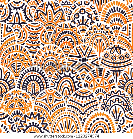 Seamless vintage seigaiha pattern. Ethnic and tribal motifs. Wavy print print for textiles. Grunge texture. White, blue and orange colors. Hand drawn waves in doodle style. Vector illustration.