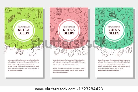 Card templates with cartoon colorful nuts and seeds. Set of AD-cards (banners, tags, package) with cartoon nuts - hazelnut, almond, pistachio, pecan, cashew, brazil nut, walnut. Vector illustration. Royalty-Free Stock Photo #1223284423